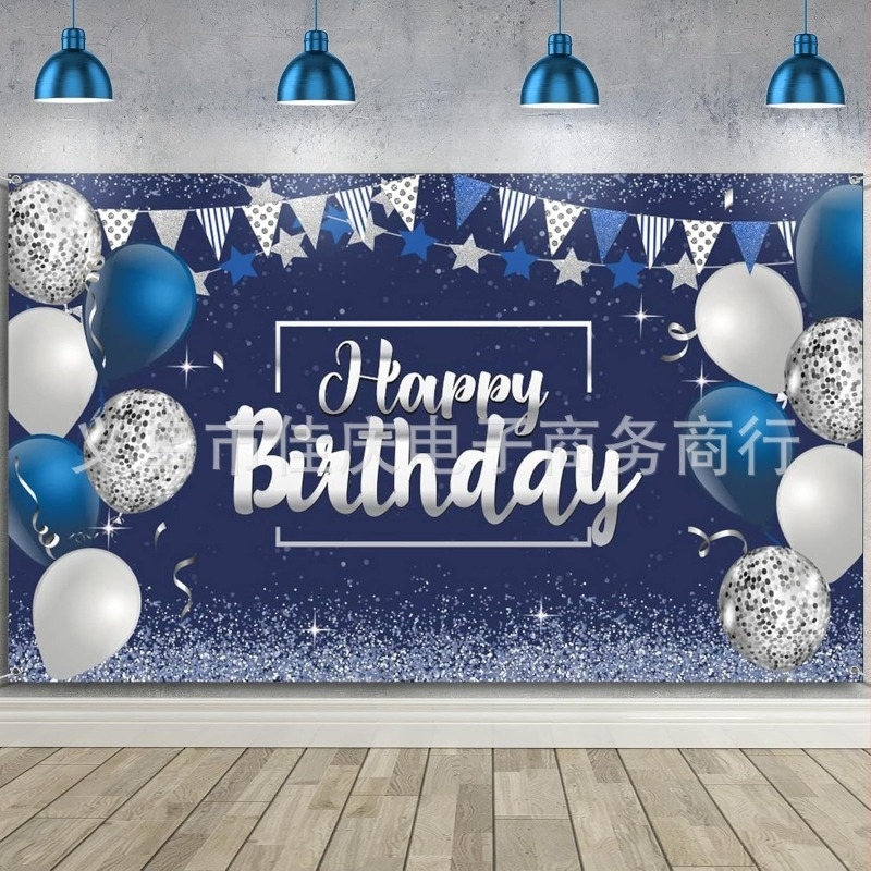 Banner albastru argintiu pentru petrecere de ziua de naștere transfrontalieră, balon cu stea, decorare de perete, fundal, pânză
