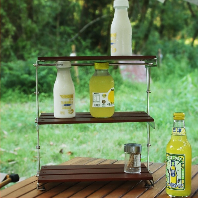Fabrică de camping în aer liber, multifuncțional, retractabil, din lemn, rack de depozitare, simplu și modern, cu trei straturi, pliabil