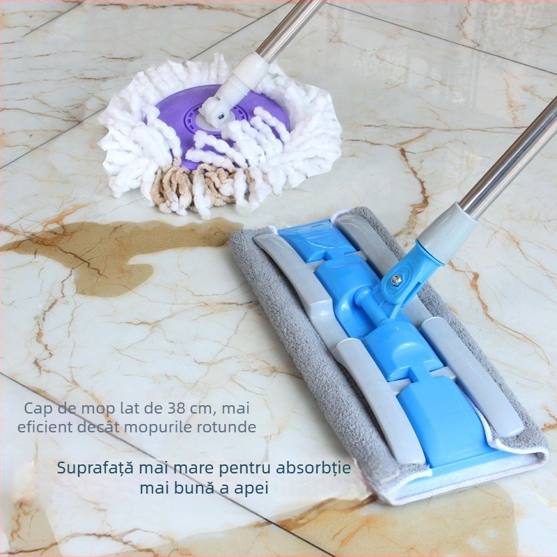 Mop plat rotativ leneș pentru uz casnic, dropshipping, pentru podele din lemn, mop umed și uscat cu dublă utilizare, cu clemă de pânză