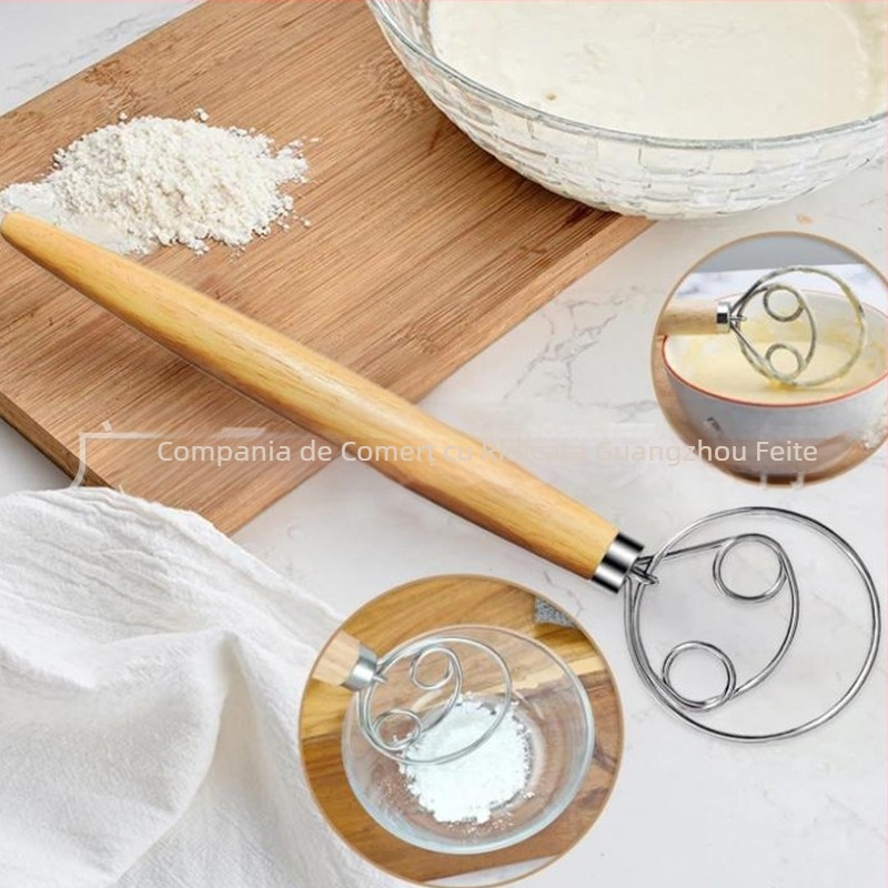 Mixer de făină cu mâner de stejar transfrontalier, mixer de aluat, mixer de ouă cu bobină din oțel inoxidabil