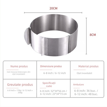 Inel rotund retractabil din oțel inoxidabil pentru tort de șifon, reglabil, 15-30 cm, inel pentru tort de mousse, formă de copt la fața locului