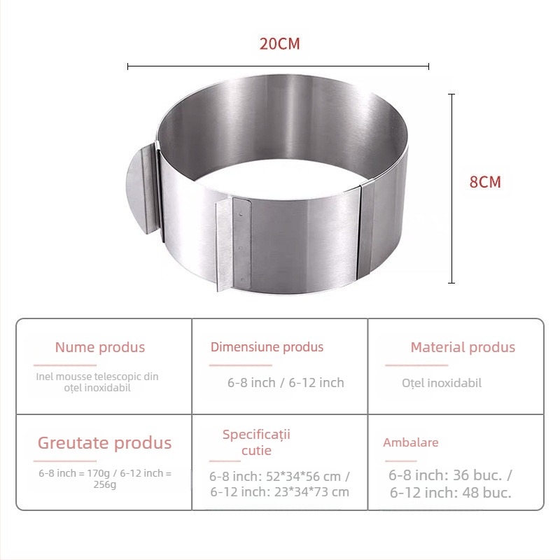 Inel rotund retractabil din oțel inoxidabil pentru tort de șifon, reglabil, 15-30 cm, inel pentru tort de mousse, formă de copt la fața locului