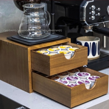 Cutie de depozitare a capsulelor de cafea cu sertar din lemn, extensibilă, pentru pliculețe de ceai, suport de depozitare pentru set de ceai, bază divizată pentru aparat de cafea