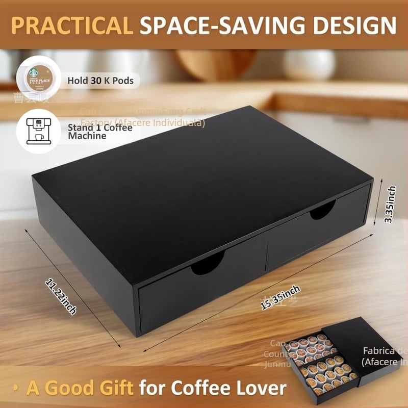 Cutie de depozitare a capsulelor de cafea cu sertar din lemn, extensibilă, pentru pliculețe de ceai, suport de depozitare pentru set de ceai, bază divizată pentru aparat de cafea