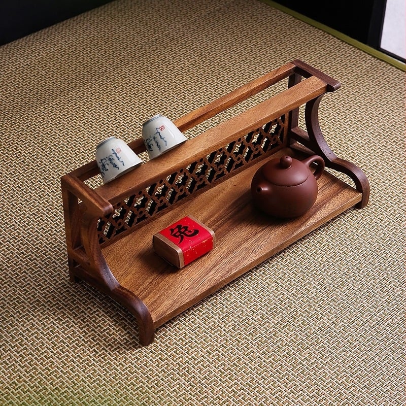 Suport pentru ceașcă de ceai din nuc cu dublă utilizare, depozitare pentru ceainic, raft antic, raft pentru ceai în stil chinezesc, raft de depozitare pentru masă de ceai