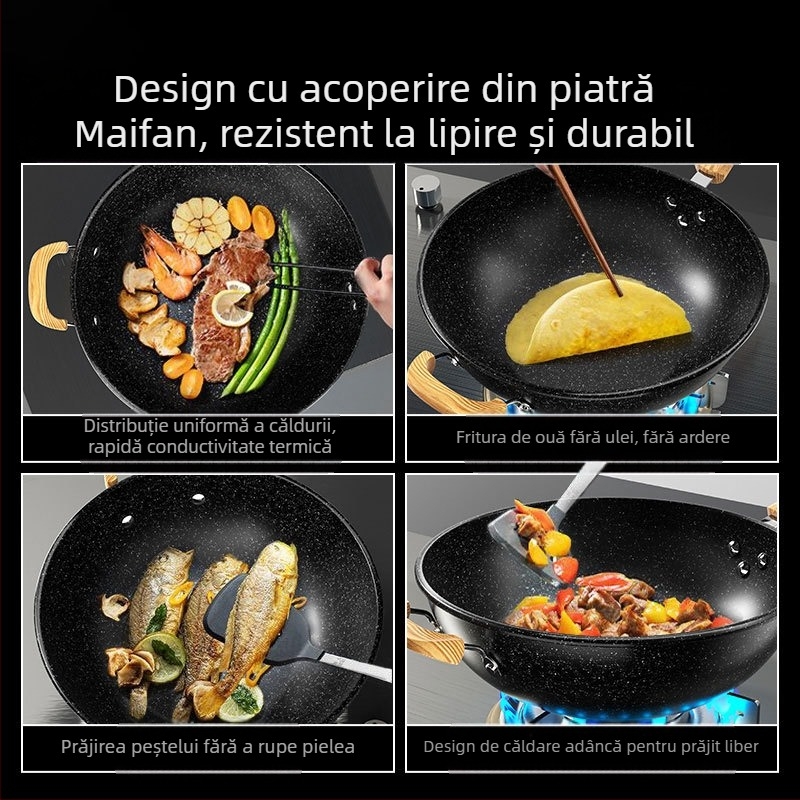Maifanite Tigaie antiaderentă Wok de uz casnic, tigaie Wok Wok, tigaie de fier, aragaz cu inducție, potrivită pentru tigaie specială pentru aragaz pe gaz