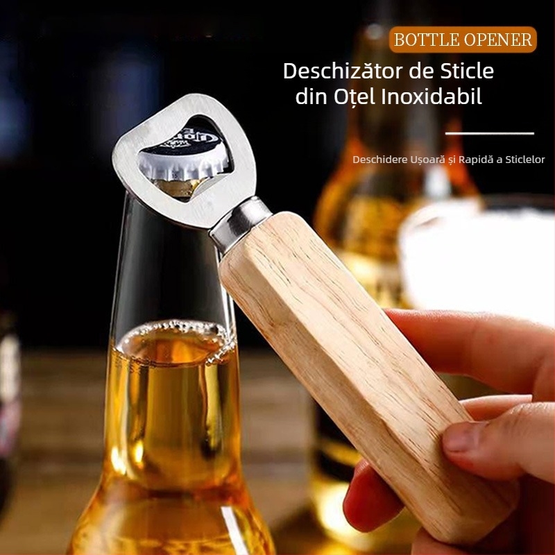 Deschizător de sticle din lemn de uz casnic, deschizător de sticle creativ de bere din oțel inoxidabil, deschizător de cutii, deschizător de sticle comercial, cadou, ustensile de bucătărie