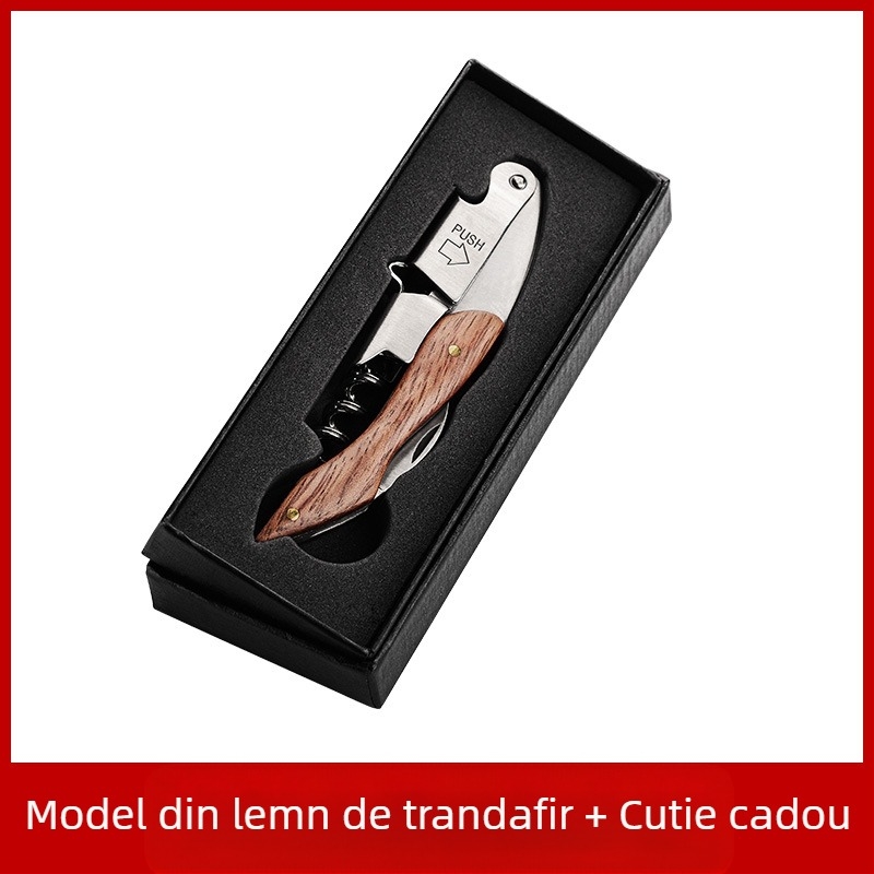 Deschizător de sticle de vin din oțel inoxidabil, cuțit tip căluț de mare, deschizător de vin multifuncțional din lemn masiv, deschizător de vin cu logo-ul inscripționat