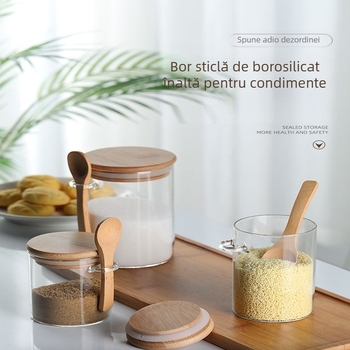 Borcan rotund sigilat din sticlă borosilicată cu lingură, borcan transparent de condimente cu lingură, sticlă de depozitare a fructelor uscate pentru cereale de bucătărie