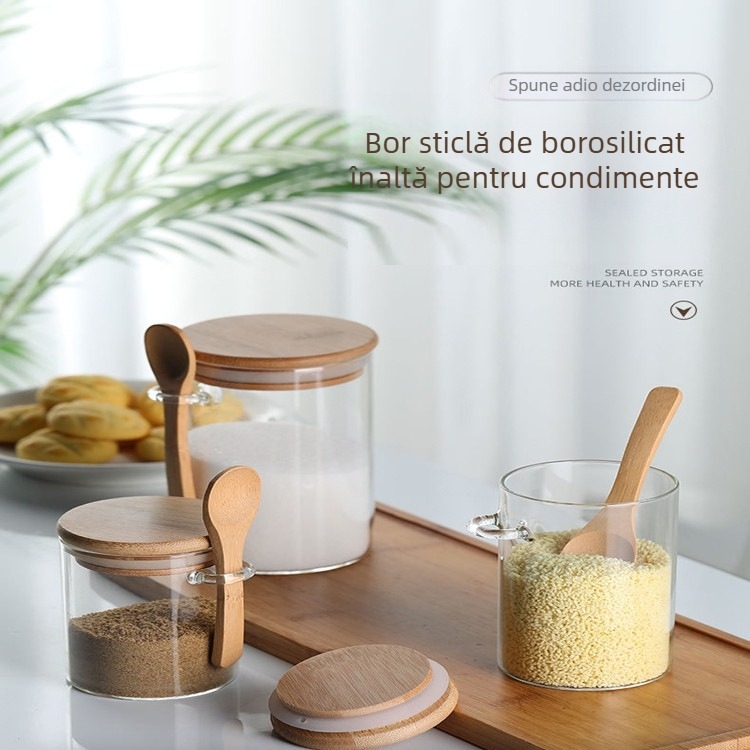 Borcan rotund sigilat din sticlă borosilicată cu lingură, borcan transparent de condimente cu lingură, sticlă de depozitare a fructelor uscate pentru cereale de bucătărie