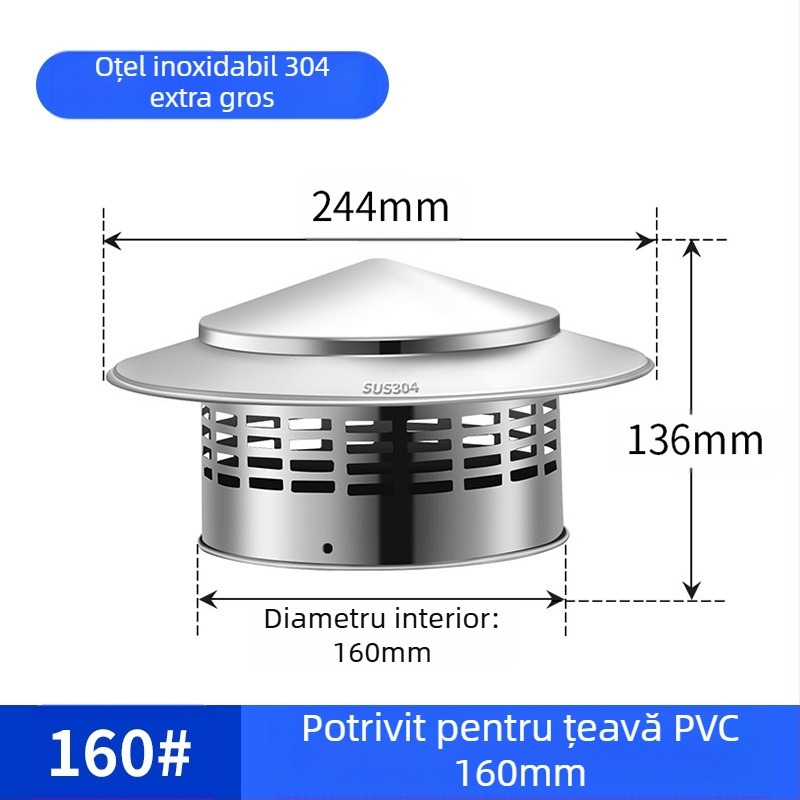 Capac de evacuare pentru acoperiș, capac de ploaie din oțel inoxidabil, rezistent la păsări, șoareci, orificiu de evacuare din PVC, respirabil, capac de umbrelă pentru coș de fum