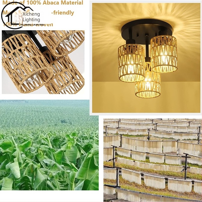 Candelabru țesut din frânghie de cânepă imitație americană, homestay, restaurant pastoral, Tea Room Inn, bar, dormitor, lampă de tavan cu trei capete lucrată manual
