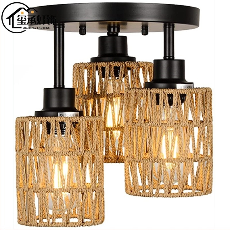 Candelabru țesut din frânghie de cânepă imitație americană, homestay, restaurant pastoral, Tea Room Inn, bar, dormitor, lampă de tavan cu trei capete lucrată manual