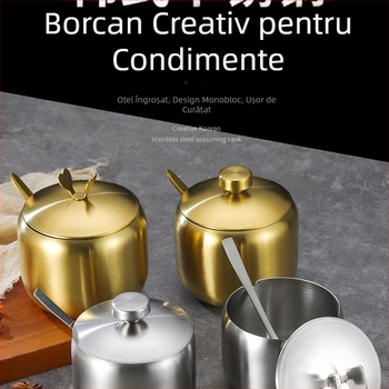 Borcan de condimente din oțel inoxidabil în stil coreean, sticlă de bucătărie pentru sos de soia cu chili și sare, cu lingura, cutie de condimente creativă din aur