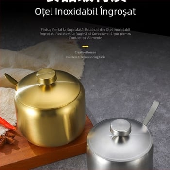 Borcan de condimente din oțel inoxidabil în stil coreean, sticlă de bucătărie pentru sos de soia cu chili și sare, cu lingura, cutie de condimente creativă din aur