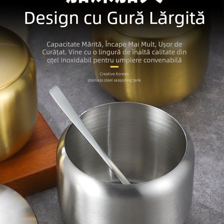 Borcan de condimente din oțel inoxidabil în stil coreean, sticlă de bucătărie pentru sos de soia cu chili și sare, cu lingura, cutie de condimente creativă din aur