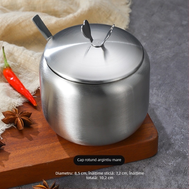 Borcan de condimente din oțel inoxidabil în stil coreean, sticlă de bucătărie pentru sos de soia cu chili și sare, cu lingura, cutie de condimente creativă din aur