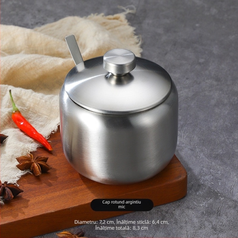 Borcan de condimente din oțel inoxidabil în stil coreean, sticlă de bucătărie pentru sos de soia cu chili și sare, cu lingura, cutie de condimente creativă din aur