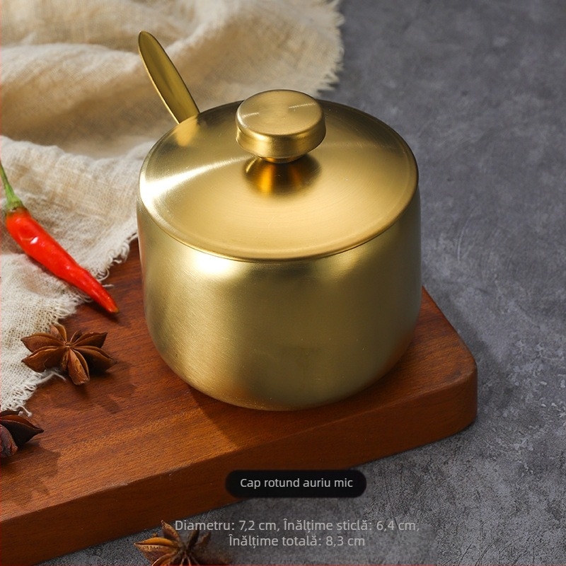 Borcan de condimente din oțel inoxidabil în stil coreean, sticlă de bucătărie pentru sos de soia cu chili și sare, cu lingura, cutie de condimente creativă din aur