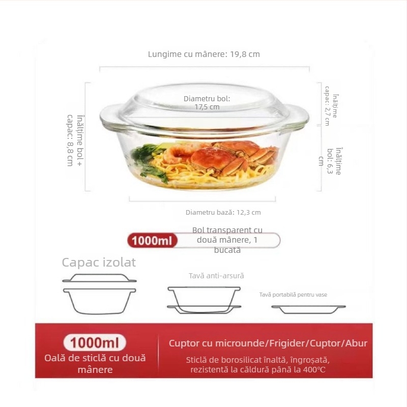 Bol de sticlă cu capac, farfurie specială pentru încălzirea cuptorului cu microunde, rezistent la temperaturi ridicate, bol de uz casnic, bol mare pentru supă, supă de ouă, bol pentru ouă fierte la abur