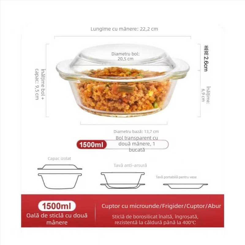 Bol de sticlă cu capac, farfurie specială pentru încălzirea cuptorului cu microunde, rezistent la temperaturi ridicate, bol de uz casnic, bol mare pentru supă, supă de ouă, bol pentru ouă fierte la abur