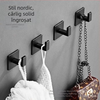Cârlig de dulap simplu negru, fără perforații, combinație de cârlig pentru baie, cârlig unic de perete pentru haine, cârlig pentru prosop