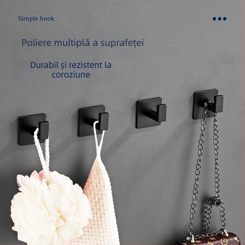 Cârlig de dulap simplu negru, fără perforații, combinație de cârlig pentru baie, cârlig unic de perete pentru haine, cârlig pentru prosop