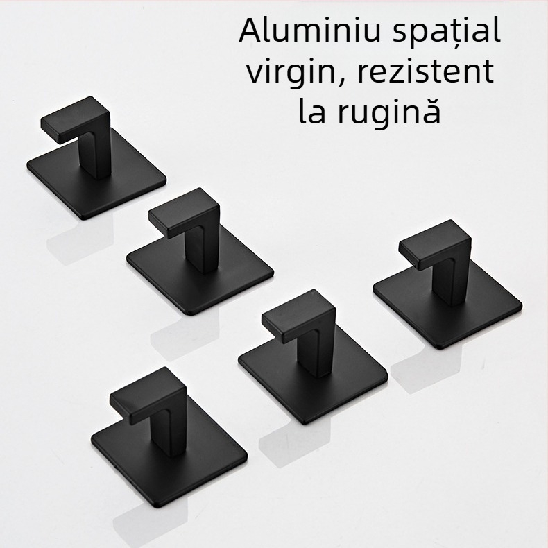 Cârlig de dulap simplu negru, fără perforații, combinație de cârlig pentru baie, cârlig unic de perete pentru haine, cârlig pentru prosop