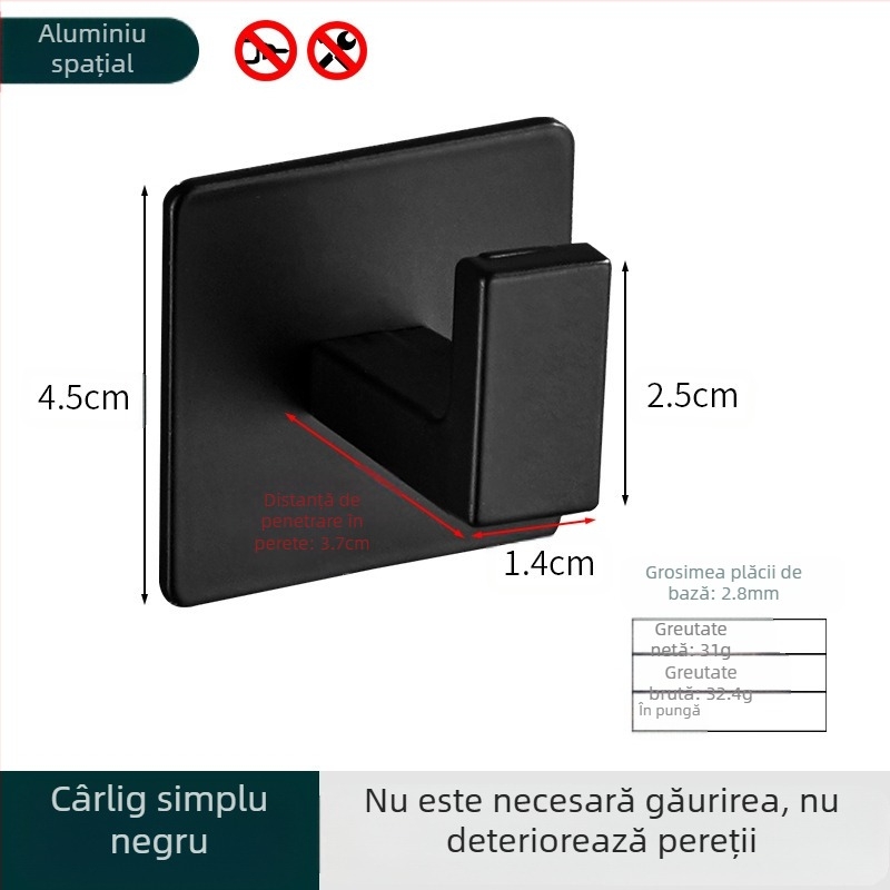 Cârlig de dulap simplu negru, fără perforații, combinație de cârlig pentru baie, cârlig unic de perete pentru haine, cârlig pentru prosop