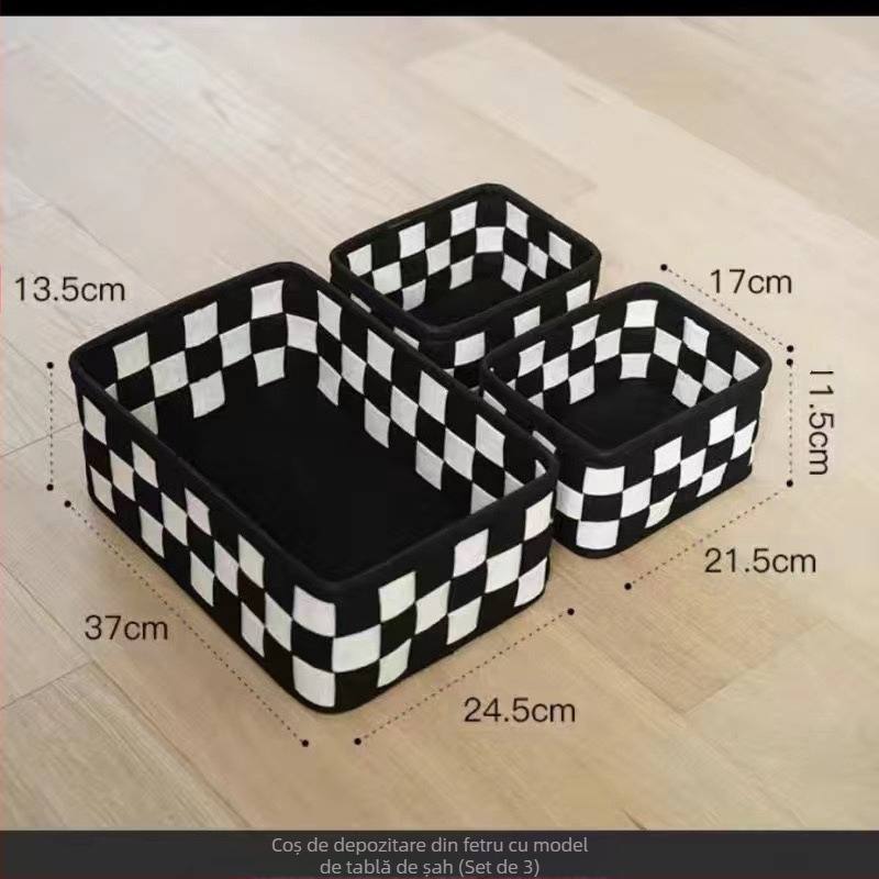 Coș de depozitare din pâslă, cutie de depozitare simplă vintage în carouri, coș de depozitare pentru articole cosmetice diverse, cutie de depozitare pentru birou