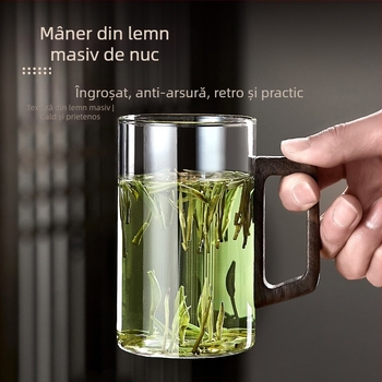 Ceașcă de sticlă, ceașcă de ceai verde, ceașcă de ceai japoneză cu mâner, ceașcă de ceai, apă potabilă de birou rezistentă la temperaturi ridicate, ceașcă cu mâner din lemn anti-opărire