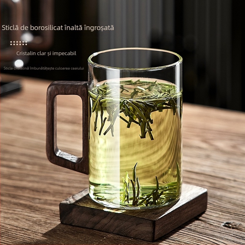 Ceașcă de sticlă, ceașcă de ceai verde, ceașcă de ceai japoneză cu mâner, ceașcă de ceai, apă potabilă de birou rezistentă la temperaturi ridicate, ceașcă cu mâner din lemn anti-opărire