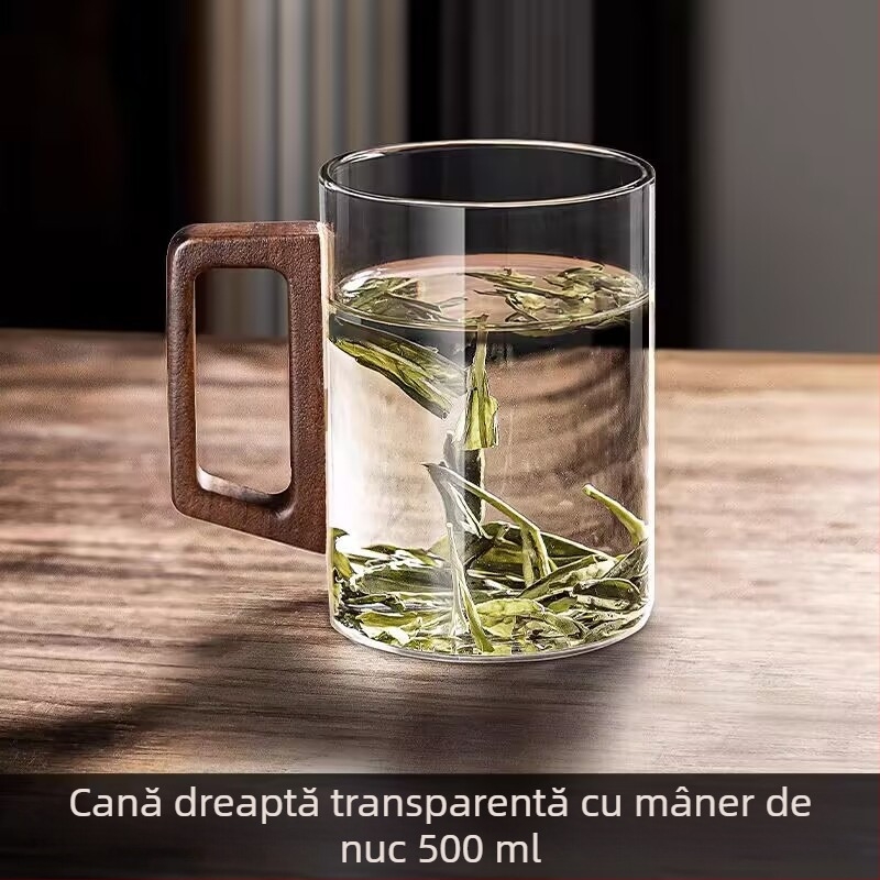 Ceașcă de sticlă, ceașcă de ceai verde, ceașcă de ceai japoneză cu mâner, ceașcă de ceai, apă potabilă de birou rezistentă la temperaturi ridicate, ceașcă cu mâner din lemn anti-opărire