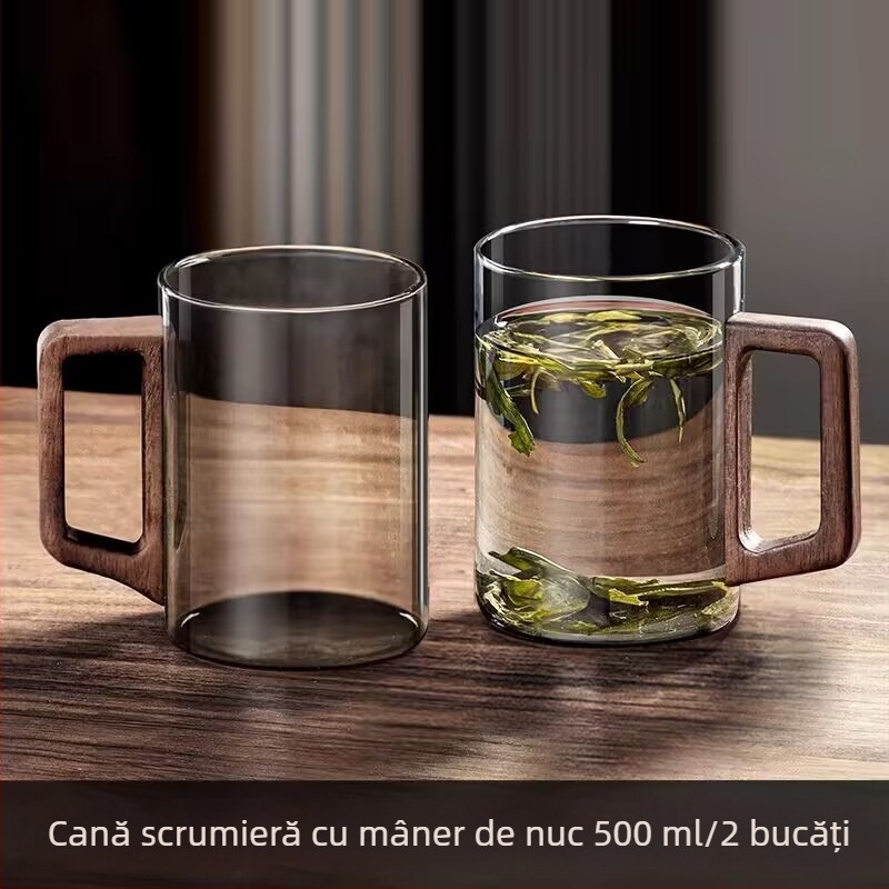 Ceașcă de sticlă, ceașcă de ceai verde, ceașcă de ceai japoneză cu mâner, ceașcă de ceai, apă potabilă de birou rezistentă la temperaturi ridicate, ceașcă cu mâner din lemn anti-opărire