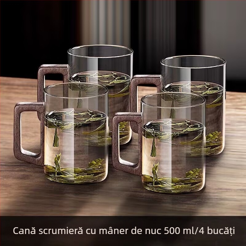 Ceașcă de sticlă, ceașcă de ceai verde, ceașcă de ceai japoneză cu mâner, ceașcă de ceai, apă potabilă de birou rezistentă la temperaturi ridicate, ceașcă cu mâner din lemn anti-opărire