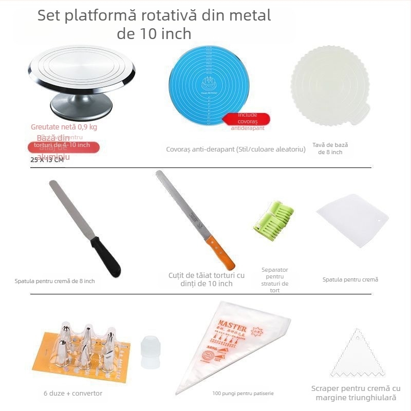 Platou rotativ pentru tort, masă de decorare, set de instrumente de copt, tavă din aliaj de aluminiu, tavă rotativă, frotiu, platan turnant comercial de uz casnic, decorare
