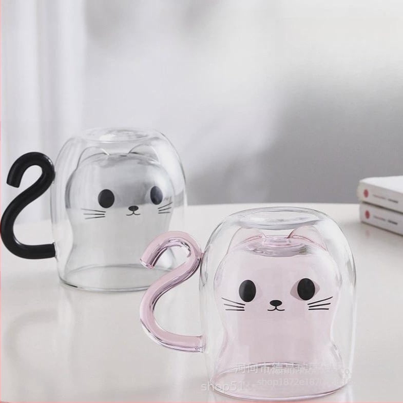 Pisicuță drăguță, sticlă dublă, sticlă borosilicată de înaltă calitate, cupă dublă, simplă, îngroșată, rezistentă la temperaturi ridicate, sticlă de uz casnic