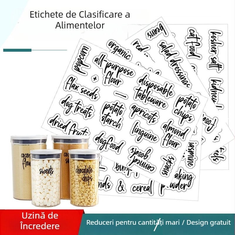 Etichetă de clasificare pentru cutii de alimente de bucătărie transfrontaliere 157, autocolante transparente, impermeabile și rezistente la ulei, diverse cereale, pâine, cutie de depozitare din plastic