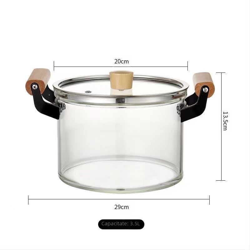 Oală de sticlă cu conținut ridicat de borosilicat, oală pentru supă, oală pentru tocană, oală pentru lapte cu mâner din lemn și capac, suportă oală cu flacără deschisă cu două urechi, Temu Dropshipping