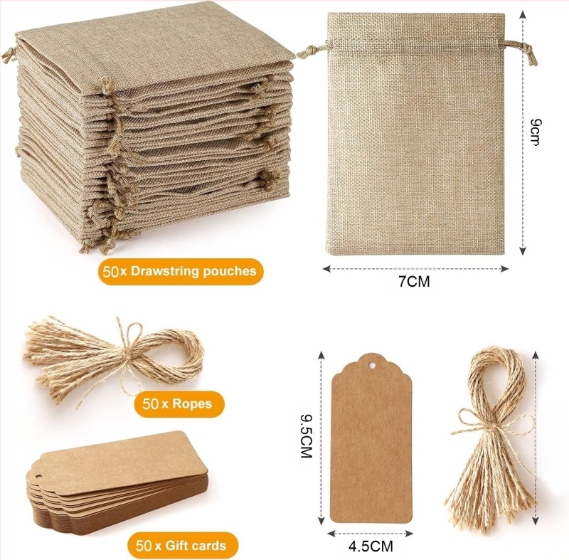 Geantă cadou pentru petrecere de nuntă, etichetă DIY, frânghie de cânepă, buzunar, 25 de bucăți, geantă de in maro, model cruce, bordură