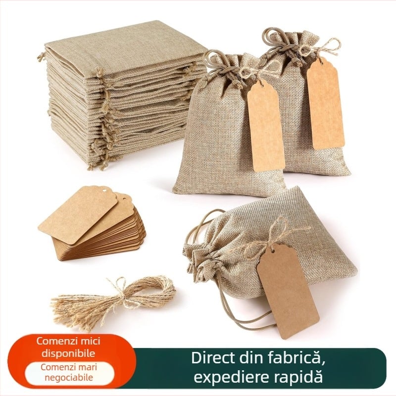 Geantă cadou pentru petrecere de nuntă, etichetă DIY, frânghie de cânepă, buzunar, 25 de bucăți, geantă de in maro, model cruce, bordură