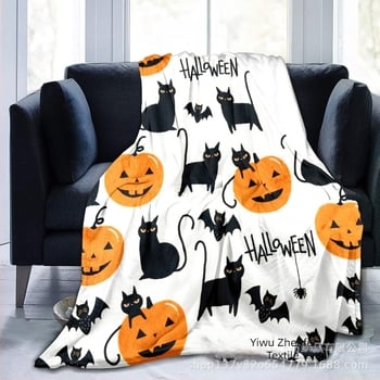 Pătură de flanel cu imprimeu de dovleac și liliac cu tematică de Halloween de la Amazon AliExpress
