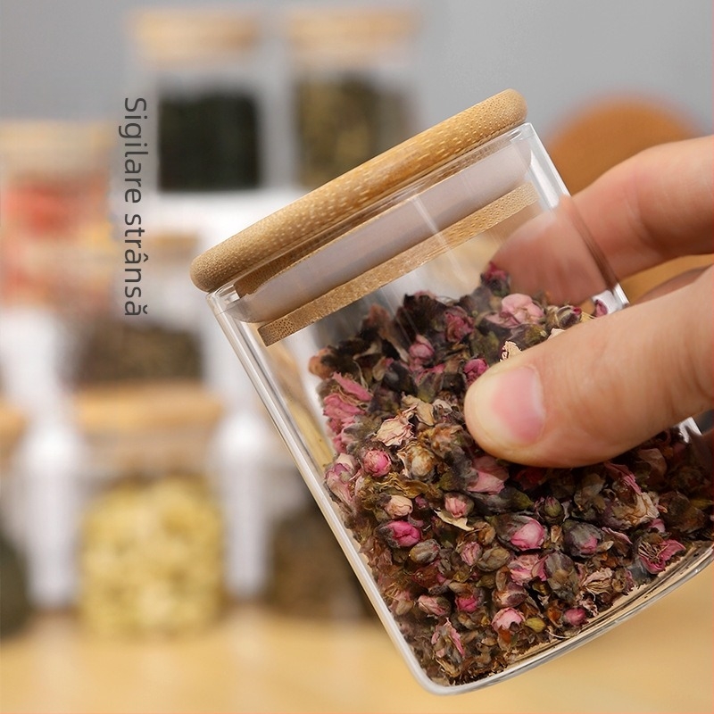 Capac de bambus cu 12 bucăți de borcan de sticlă, set de bumbac perlat, cutie de depozitare a condimentelor pentru fructe uscate, cutie de depozitare rezistentă la căldură din borosilicat ridicat, en-gros