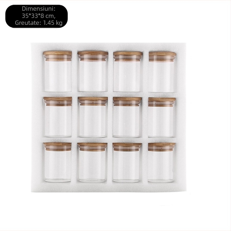 Capac de bambus cu 12 bucăți de borcan de sticlă, set de bumbac perlat, cutie de depozitare a condimentelor pentru fructe uscate, cutie de depozitare rezistentă la căldură din borosilicat ridicat, en-gros