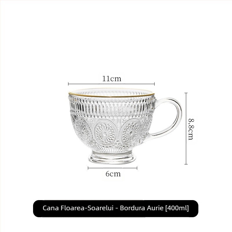 Cana de sticlă Nordic Vintage Relief, cană de apă cu floarea soarelui, stil Home ins, cu valoare ridicată de culoare, cană de ovăz pentru micul dejun cu lapte