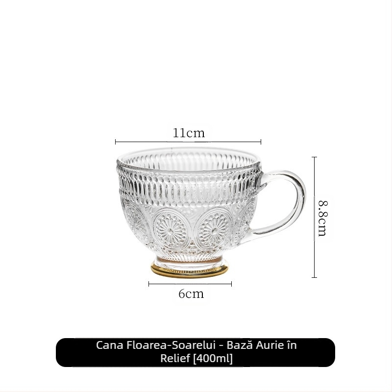 Cana de sticlă Nordic Vintage Relief, cană de apă cu floarea soarelui, stil Home ins, cu valoare ridicată de culoare, cană de ovăz pentru micul dejun cu lapte