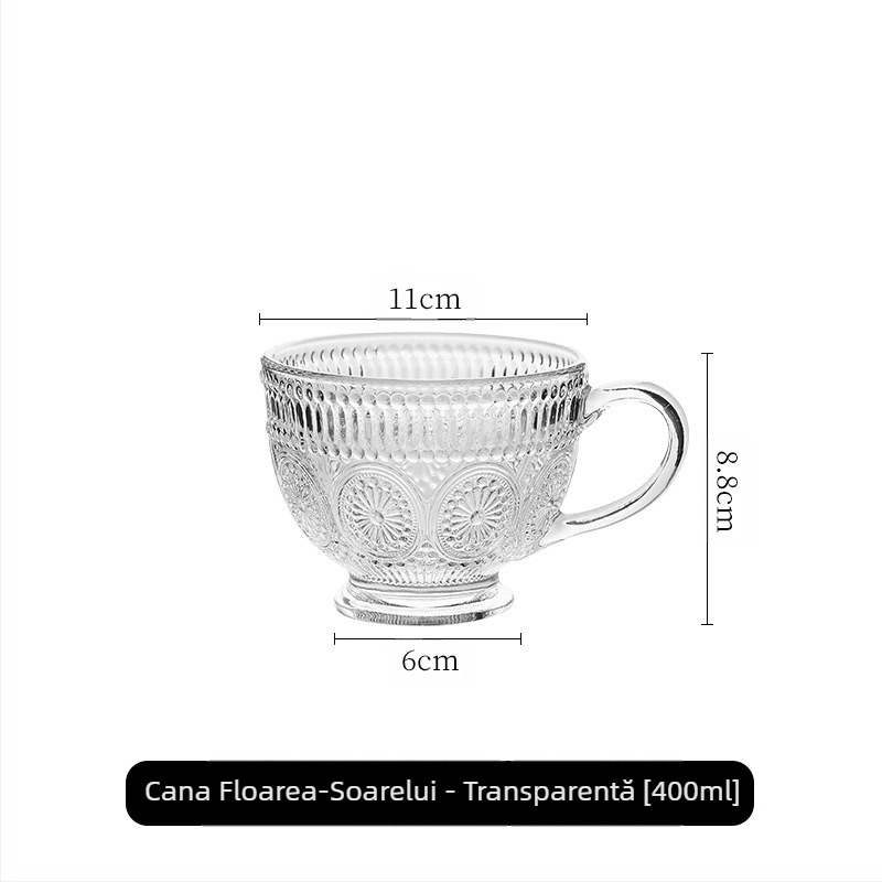 Cana de sticlă Nordic Vintage Relief, cană de apă cu floarea soarelui, stil Home ins, cu valoare ridicată de culoare, cană de ovăz pentru micul dejun cu lapte