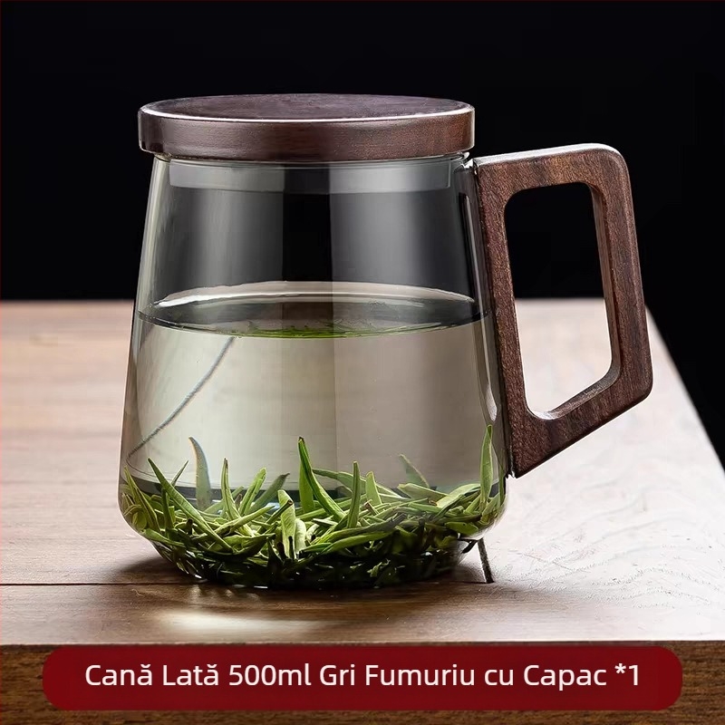 Producător en-gros ceașcă de ceai din sticlă cu mâner ceașcă de ceai verde ceașcă de sticlă rezistentă la căldură de uz casnic mâner din lemn chinezesc ceașcă de cerneală high-end pentru oaspeți
