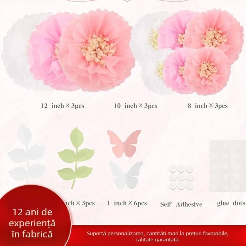 Amazon Nou Dublu Culoare Flori Pietre Hârtie Flori Minge Fluture Arbore Frunze Nuntă Petrecere Fereastră Decorare Prosop Hârtie Pompom Flori