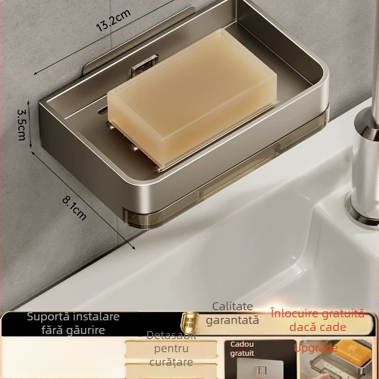 Cutie de săpun montată pe perete, fără perforații, cutie de scurgere a săpunului cu strat dublu, suport de săpun de perete pentru baie de uz casnic